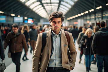 In a busy train station, a confident man stands on the bustling platform, meeting the camera's gaze amidst a sea of hurried commuters and the urban pulse of city life