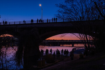 Bat watchers on Congress Street Bridge in Austin, TX