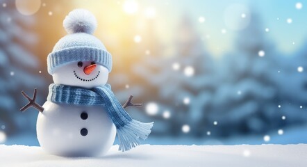 Fototapeta premium Cute snowman with scarf and woolly hat against a beautiful winter background.