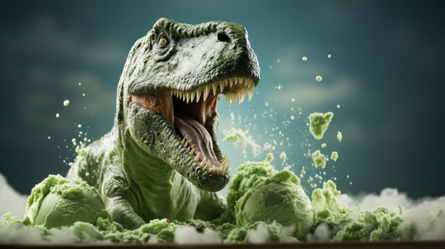 A t - rex dinosaur is eating ice cream, AI