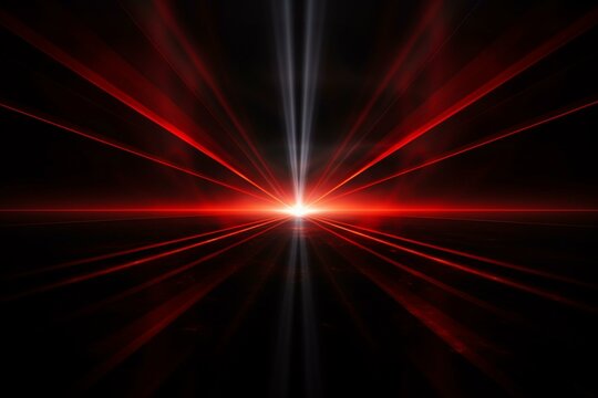 Abstract artistic depiction of red lens flares and horizontal light rays on a black background. Generative AI