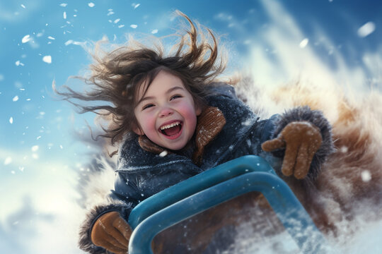 little girl riding on snow slides illustration. High quality photo