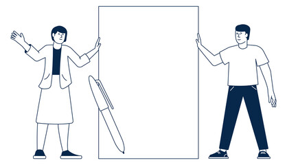 Man and woman hold white paper. Signing contract concept