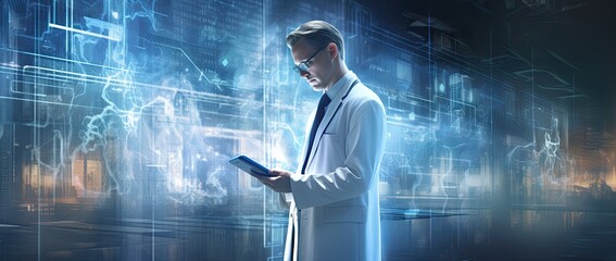 Doctor holding tablet with a hologram in his hands. Virtual reality in medicine and health care.