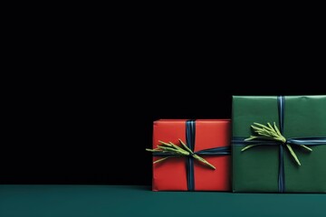 Two wrapped gift boxes on black background. Present for birthday, christmas, valentines day
