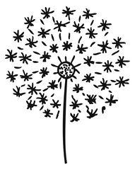 Dandelion black doodle. Fluffy spring flower icon