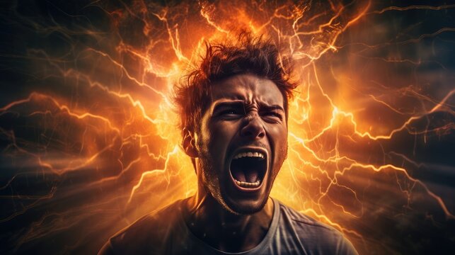 A young man suffers because of the voices in his head. Schizophrenia, depression and mental illness concept.