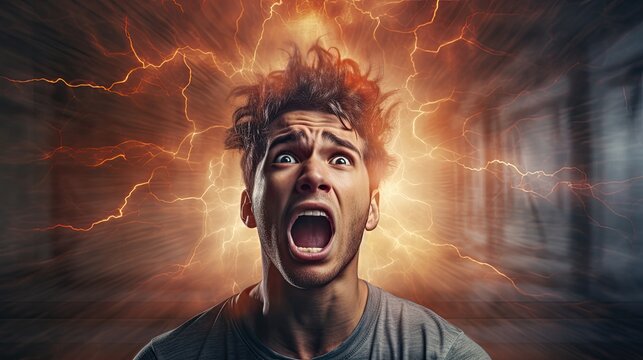 A young man suffers because of the voices in his head. Schizophrenia, depression and mental illness concept.