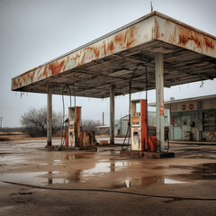 Rusted gas station in Arkansas on a dreary day - obrazy, fototapety, plakaty