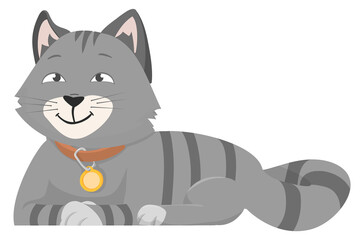 Happy gray striped cat. Smiling cartoon character