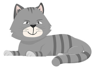 Grinning cat. Fluffy gray pet. Sneaky character