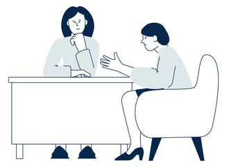 Consultation concept. Woman talking to specialist. Problem solving