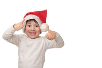 Little Caucasian boy wearing a red and white Christmas hat celebrating Christmas. png format. christmas concept.