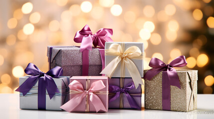 Obraz premium Bow wrapped Christmas presents, gifts with a blurred bokeh background 