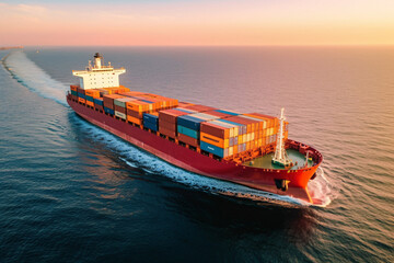 Container ship in the sea. Freight transportation and logistics concept. Cargo ship in the sea at sunset.