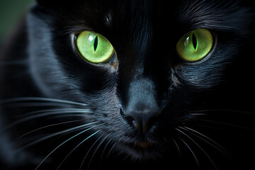 Black cat's green eyes on black background for Halloween