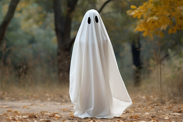 A ghost in a white sheet with black eyes standing in autumn woods for Halloween
