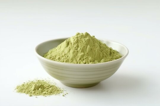 Powdered green tea in a bowl on a white background. Generative AI
