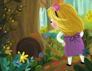 Naklejka premium cartoon scene with little girl finding and seeing hidden hole in the tree in the forest illustration for children