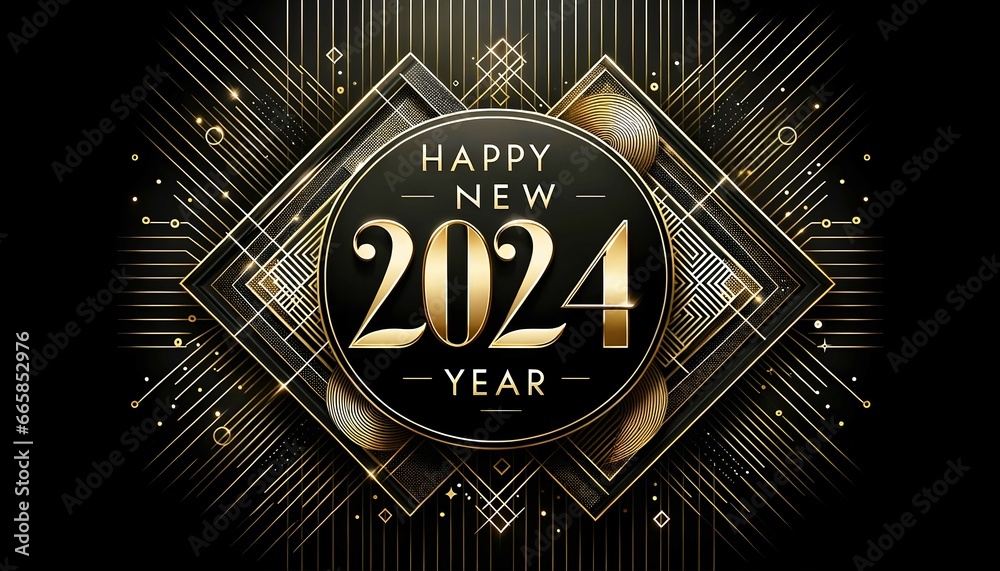 Wall mural Happy New 2024 year card design, elegant new year banner, golden black and white template  - Wall murals