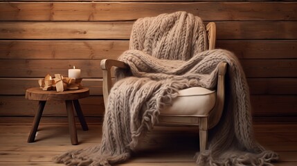 Fototapeta na wymiar cozy interior with a knitted blanket draped over a rustic wooden chair, 16:9, copy space
