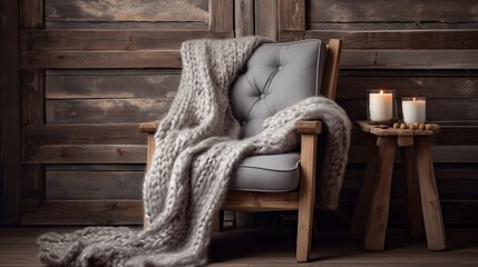 cozy interior with a knitted blanket draped over a rustic wooden chair, 16:9, copy space