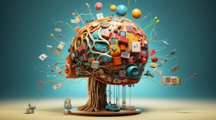 Human brain full of social media messages, 16:9, copy space