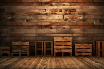 Background with empty wooden crates. Generative AI