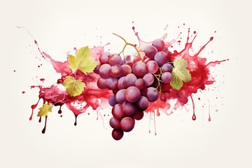 An artistic illustration of grapes with watercolor stains in red wine color. Generative AI
