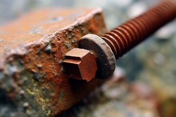 Macro shot of rusty bolt on stone, made using advanced techniques. Generative AI