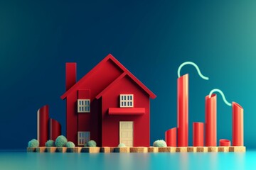 Red house on rising line graph against abstract blue background. 3D rendering. Generative AI