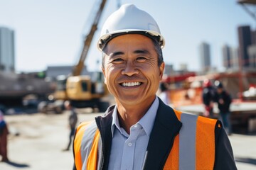 Smiling portrait of a middle aged businessman in a construction site - obrazy, fototapety, plakaty