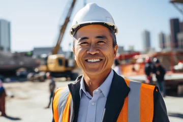 Poster Smiling portrait of a middle aged businessman in a construction site © NikoG