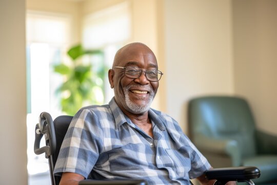 Portrait of a happy senior man in a wheelchair at the nursing home