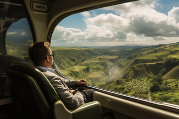 man smiling while sitting in a train and looking through a window