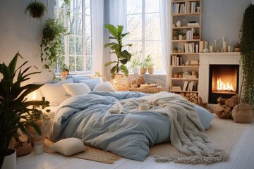 Interior of a cozy bedroom with plants.