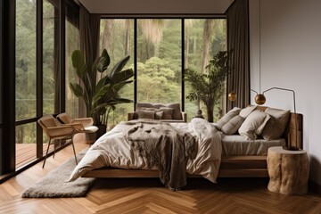 Interior of a cozy bedroom with plants.