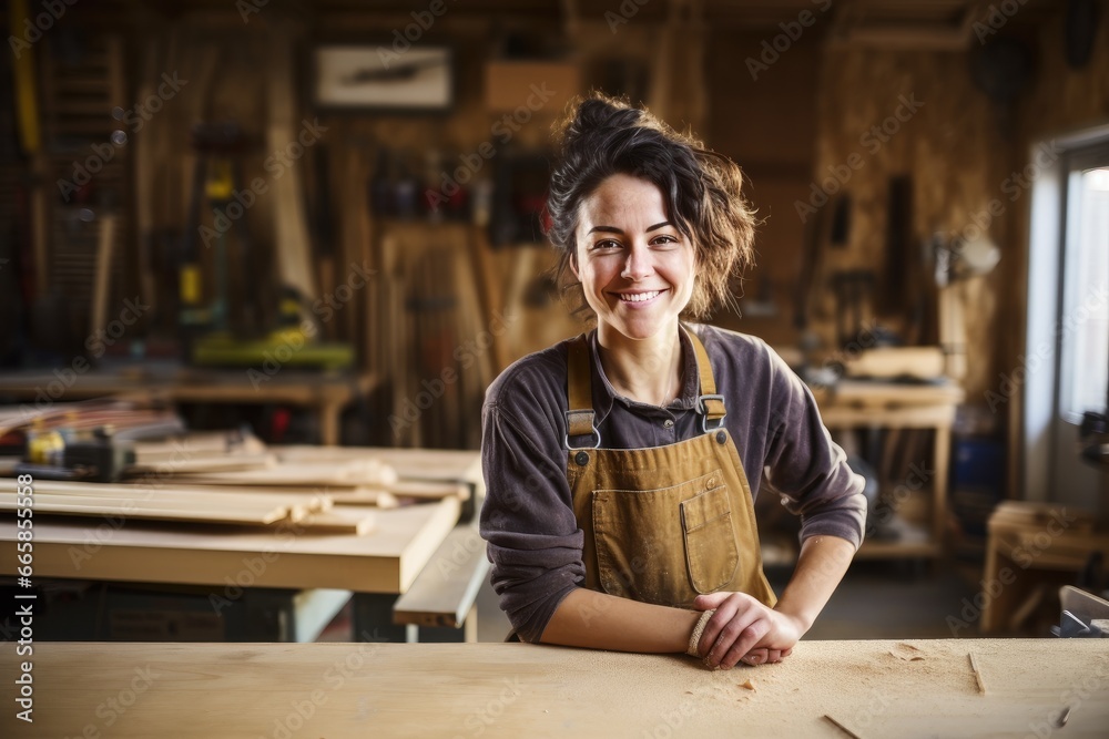 Wall mural Happy female carpenter at work.