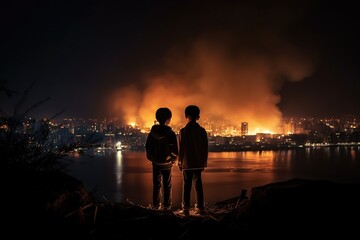 Fototapeta premium Children at night and look at the fire after a fire