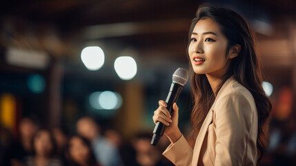 A woman speaking on stage during a conference, event, or seminar Public Speaking - obrazy, fototapety, plakaty