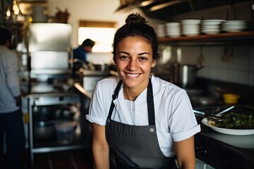 Portrait of a smiling cook in the restaurant kitchen. - obrazy, fototapety, plakaty