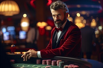 A man at a casino table playing poker and cards - obrazy, fototapety, plakaty