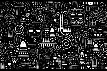 Graphic illustration doodles of a cat and abstract patterns