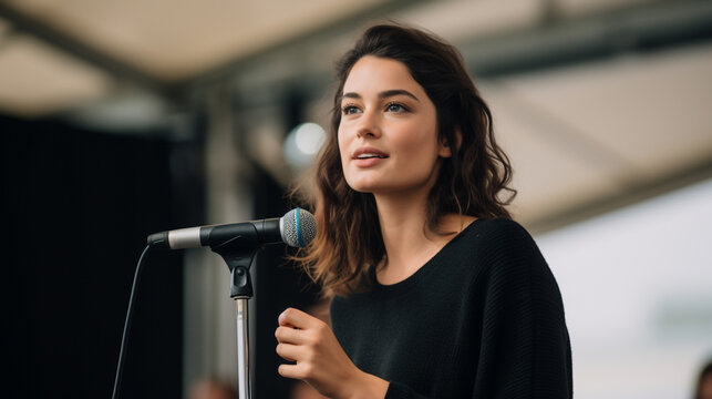 A Woman Speaking On Stage During A Conference, Event, Or Seminar Public Speaking