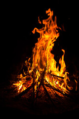 Bonfire with orange yellow fire flame and hot coals, campfire at night on black background