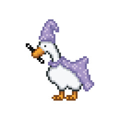 Duck dressed as a wizard, pixel art meme