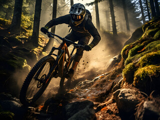 Cyclist Conquering a Sunlit Forest Mountain Trail