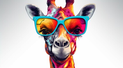  colorful giraffe with sunglasses on white background.