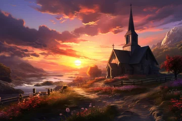 Foto op Plexiglas Sunset over the church spiritual inspiration © PinkiePie