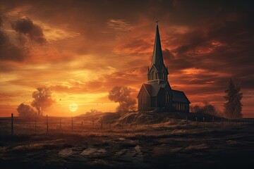 Obraz premium Sunset over the church spiritual inspiration